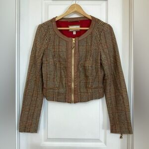 ESPRIT plaid wool cropped women jacket,brown/orange/white, size 6